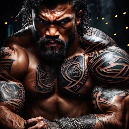 Prompt: Muscular, handsome Tongan warrior with tattoos, cinematic realism, movie poster, unreal engine, detailed, professionally illustrated, dark black smoke background, larger than life, intense gaze, high-quality rendering, hyper-realistic, detailed tattoos, professional illustration, dramatic lighting, powerful presence, dreamy colors, hypnotic colors