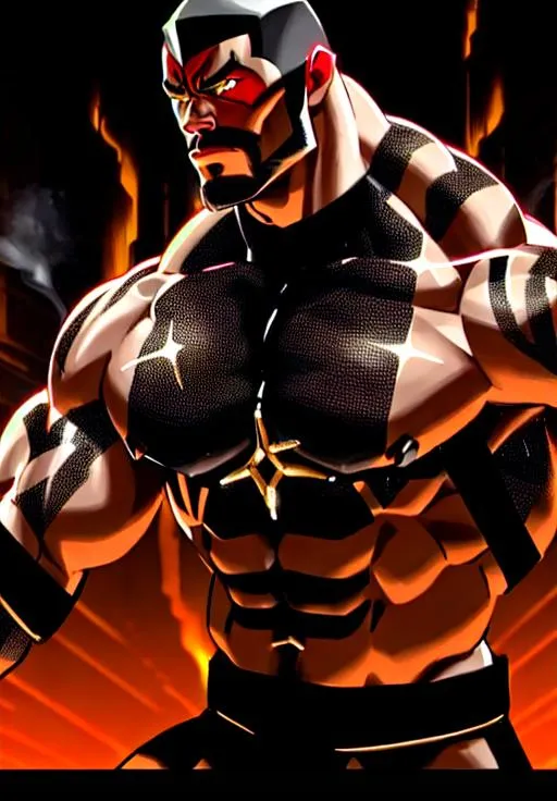 Prompt: Muscular, handsome Tongan superhero that face  looks similar to the wwf the rock and with superhero outfit colored black , red and gold .futuristic , cinematic realism, movie poster, unreal engine, detailed, professionally comic illustrated, dark black smoke background, larger than life, intense gaze, high-quality rendering, hyper-realistic, detailed tattoos, professional illustration, dramatic lighting, powerful presence, ink and color, hypnotic colors by Jim lee