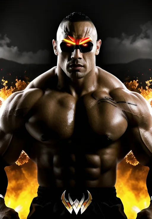 Prompt: Muscular, handsome Tongan superhero that looks similar to the wwf the rock and with superhero outfit colored black , red and gold . cinematic realism, movie poster, unreal engine, detailed, professionally comic illustrated, dark black smoke background, larger than life, intense gaze, high-quality rendering, hyper-realistic, detailed tattoos, professional illustration, dramatic lighting, powerful presence, dreamy colors, hypnotic colors by Jim lee