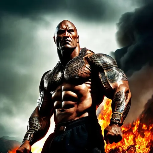 Prompt: Muscular, handsome Tongan warrior that looks similar to the rock with tattoos, cinematic realism, movie poster, unreal engine, detailed, professionally illustrated, dark black smoke background, larger than life, intense gaze, high-quality rendering, hyper-realistic, detailed pollynesian tattoos, professional illustration, dramatic lighting, powerful presence, hypnotic colors ,movie poster style.In action pose.