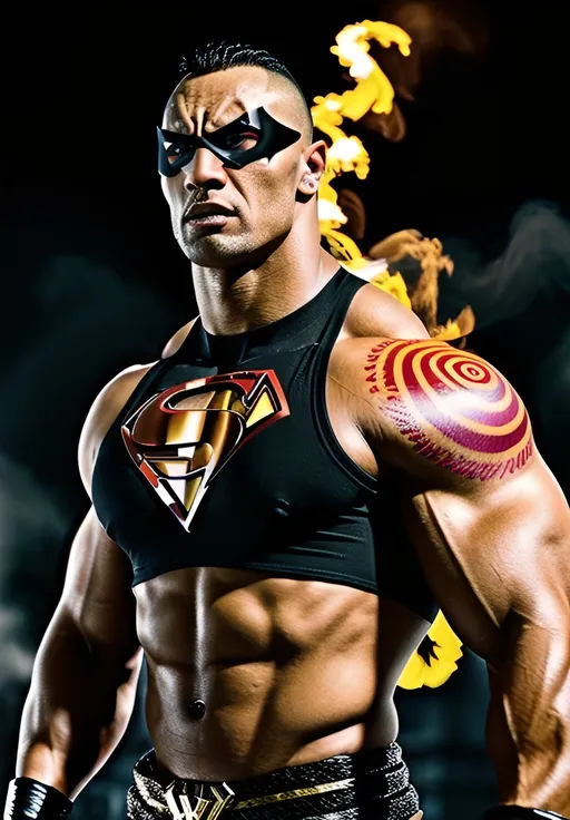 Prompt: Muscular, handsome Tongan superhero that looks similar to the wwf the rock and with superhero outfit colored black , red and gold . cinematic realism, movie poster, unreal engine, detailed, professionally comic illustrated, dark black smoke background, larger than life, intense gaze, high-quality rendering, hyper-realistic, detailed tattoos, professional illustration, dramatic lighting, powerful presence, dreamy colors, hypnotic colors by Jim lee