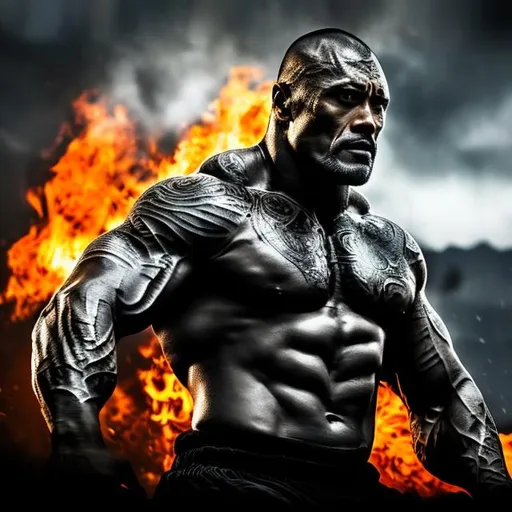 Prompt: Muscular, handsome Tongan warrior that looks similar to the rock with tattoos, cinematic realism, movie poster, unreal engine, detailed, professionally illustrated, dark black smoke background, larger than life, intense gaze, high-quality rendering, hyper-realistic, detailed pollynesian tattoos, professional illustration, dramatic lighting, powerful presence, hypnotic colors ,movie poster style.