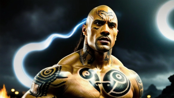 Prompt: Muscular, handsome Tongan jedi that looks similar to the wwf the rock and with tattoos, cinematic realism, movie poster, unreal engine, detailed, professionally comic illustrated, dark black smoke background, larger than life, intense gaze, high-quality rendering, hyper-realistic, detailed tattoos, professional illustration, dramatic lighting, powerful presence, dreamy colors, hypnotic colors by Jim lee