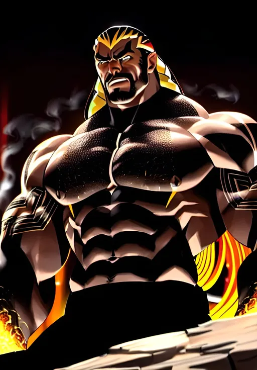 Prompt: Muscular, handsome Tongan superhero that face  looks similar to the wwf the rock and with superhero outfit colored black , red and gold .futuristic , cinematic realism, movie poster, unreal engine, detailed, professionally comic illustrated, dark black smoke background, larger than life, intense gaze, high-quality rendering, hyper-realistic, detailed tattoos, professional illustration, dramatic lighting, powerful presence, dreamy colors, hypnotic colors by Jim lee