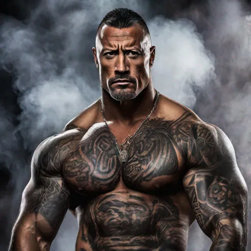 Prompt: Muscular, handsome Tongan warrior that looks similar to the wwf the rock and with tattoos, cinematic realism, movie poster, unreal engine, detailed, professionally comic illustrated, dark black smoke background, larger than life, intense gaze, high-quality rendering, hyper-realistic, detailed tattoos, professional illustration, dramatic lighting, powerful presence, dreamy colors, hypnotic colors by Jim lee