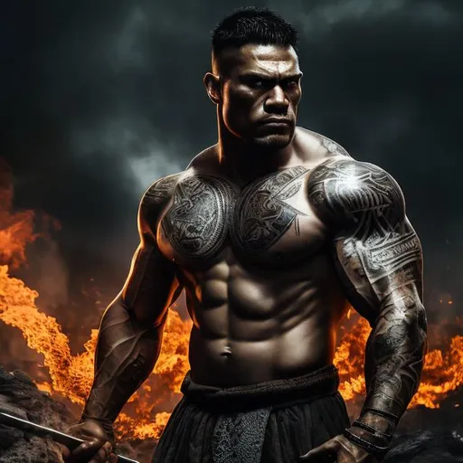 Prompt: Muscular, handsome Tongan warrior with tattoos, cinematic realism, movie poster, unreal engine, detailed, professionally illustrated, dark black smoke background, larger than life, intense gaze, high-quality rendering, hyper-realistic, detailed pollynesian tattoos, professional illustration, dramatic lighting, powerful presence, hypnotic colors