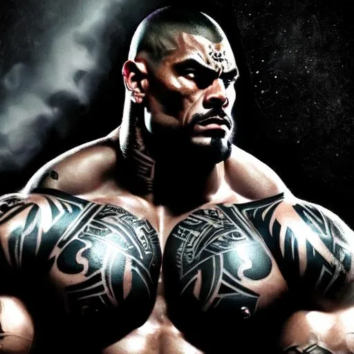 Prompt: Muscular, handsome Tongan warrior that looks similar to the wwf the rock and with tattoos, cinematic realism, movie poster, unreal engine, detailed, professionally comic illustrated, dark black smoke background, larger than life, intense gaze, high-quality rendering, hyper-realistic, detailed tattoos, professional illustration, dramatic lighting, powerful presence, dreamy colors, hypnotic colors by Jim lee