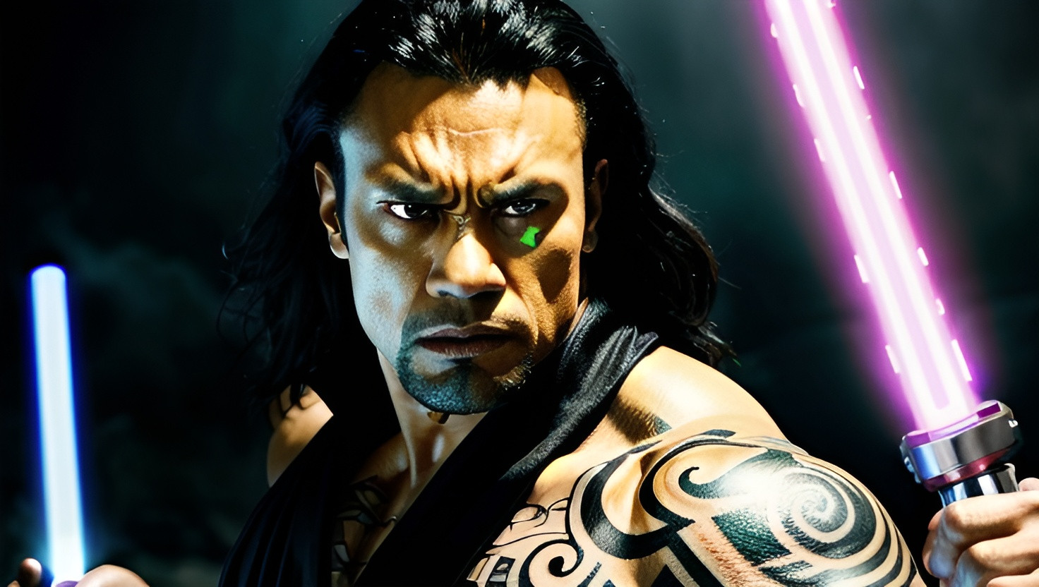 Prompt: Muscular, handsome Tongan jedi with light saber that looks similar to the wwf the rock and with tattoos, cinematic realism, movie poster, unreal engine, detailed, professionally comic illustrated, dark black smoke background, larger than life, intense gaze, high-quality rendering, hyper-realistic, detailed tattoos, professional illustration, dramatic lighting, powerful presence, dreamy colors, hypnotic colors by Jim lee