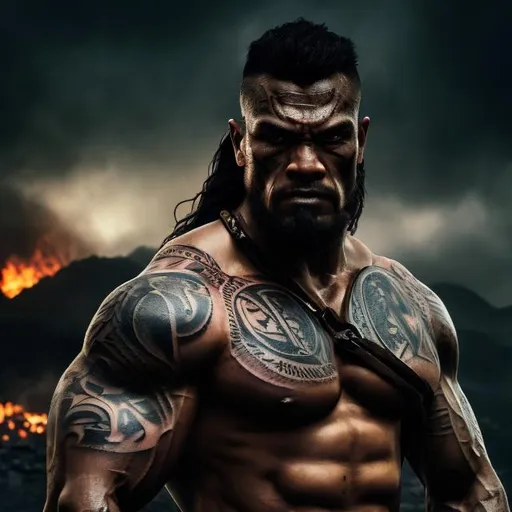 Prompt: Muscular, handsome Tongan warrior with tattoos, cinematic realism, movie poster, unreal engine, detailed, professionally illustrated, dark black smoke background, larger than life, intense gaze, high-quality rendering, hyper-realistic, detailed pollynesian tattoos, professional illustration, dramatic lighting, powerful presence, hypnotic colors ,movie poster style.