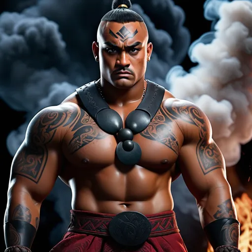 Prompt: Muscular, handsome Tongan warrior that looks similar to the Jonah lomu and with tattoos, cinematic realism, movie poster, unreal engine, detailed, professionally illustrated, dark black smoke background, larger than life, intense gaze, high-quality rendering, hyper-realistic, detailed tattoos, professional illustration, dramatic lighting, powerful presence, dreamy colors, hypnotic colors