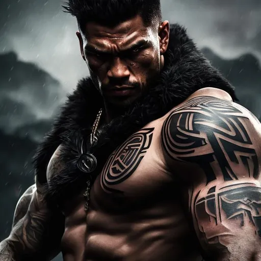 Prompt: Muscular, handsome Tongan warrior with tattoos, cinematic realism, movie poster, unreal engine, detailed, professionally illustrated, dark black smoke background, larger than life, intense gaze, high-quality rendering, hyper-realistic, detailed tattoos, professional illustration, dramatic lighting, powerful presence, dreamy colors
