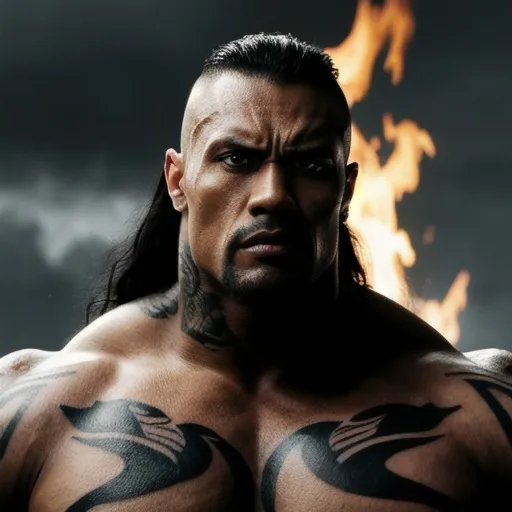 Prompt: Muscular, handsome Tongan warrior that looks similar to the wwf the rock and with tattoos, cinematic realism, movie poster, unreal engine, detailed, professionally comic illustrated, dark black smoke background, larger than life, intense gaze, high-quality rendering, hyper-realistic, detailed tattoos, professional illustration, dramatic lighting, powerful presence, dreamy colors, hypnotic colors by Jim lee