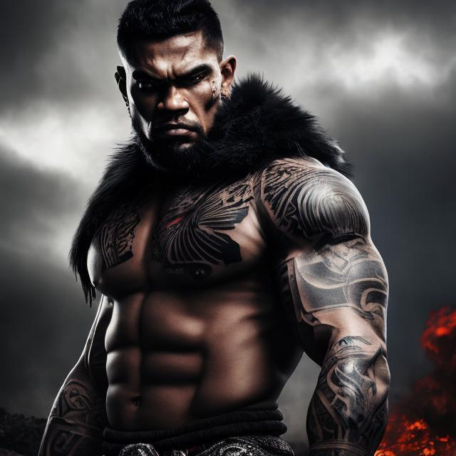 Prompt: Muscular, handsome Tongan warrior with tattoos, cinematic realism, movie poster, unreal engine, detailed, professionally illustrated, dark black smoke background, larger than life, intense gaze, high-quality rendering, hyper-realistic, detailed pollynesian tattoos, professional illustration, dramatic lighting, powerful presence, hypnotic colors