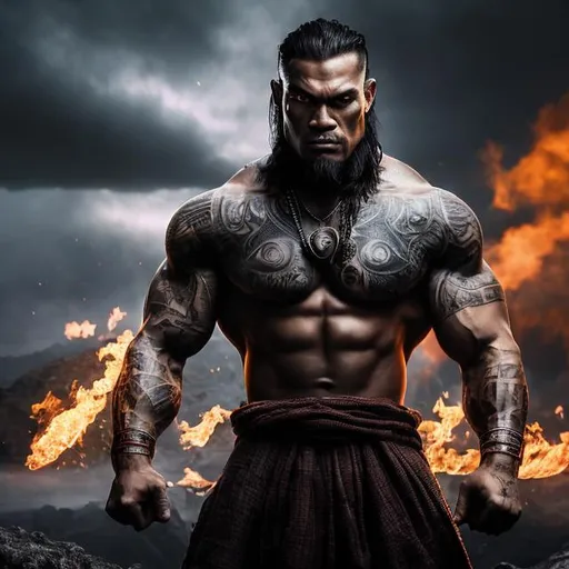 Prompt: Muscular, handsome Tongan warrior with tattoos, cinematic realism, movie poster, unreal engine, detailed, professionally illustrated, dark black smoke background, larger than life, intense gaze, high-quality rendering, hyper-realistic, detailed pollynesian tattoos, professional illustration, dramatic lighting, powerful presence, hypnotic colors ,movie poster style.