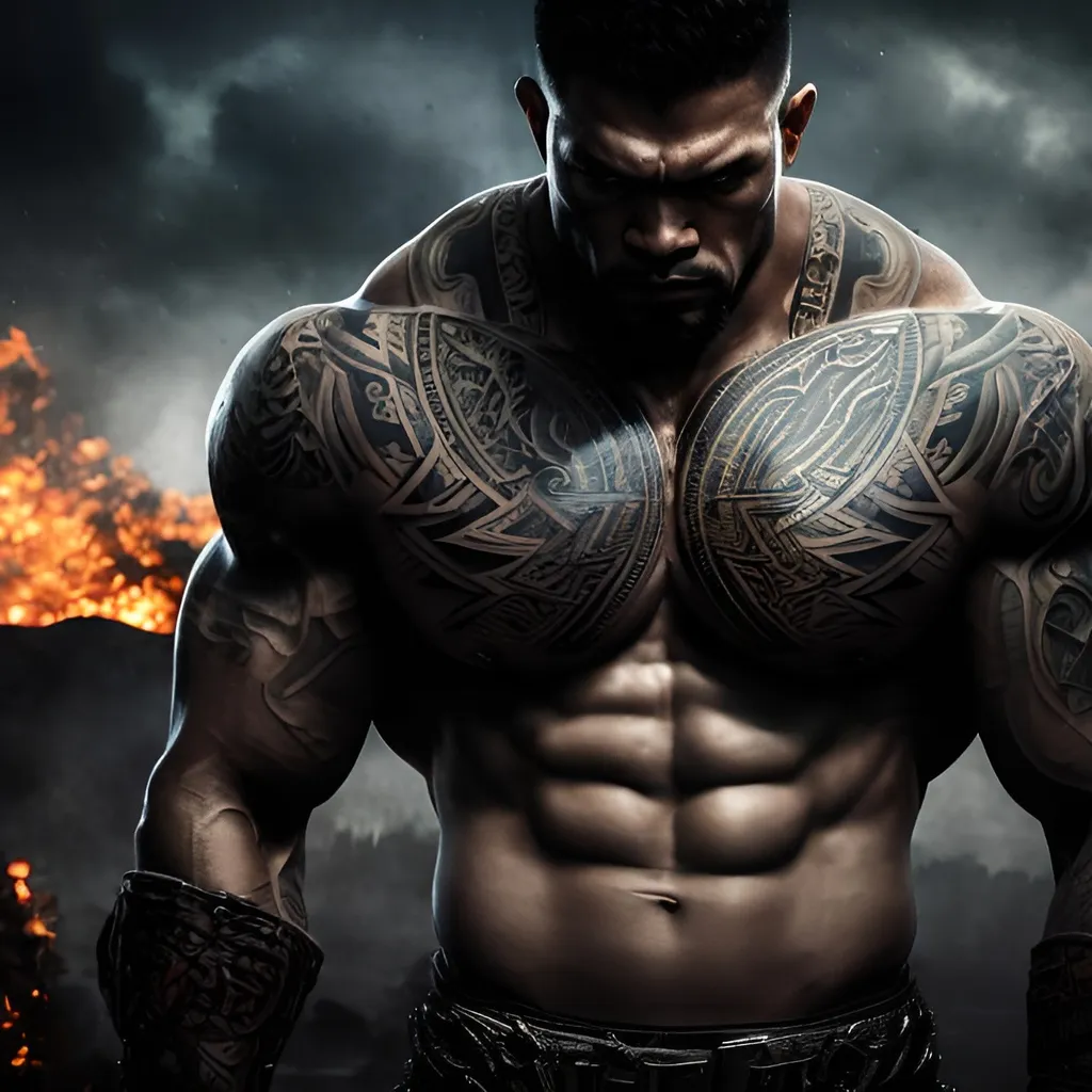 Prompt: Muscular, handsome Tongan warrior with tattoos, cinematic realism, movie poster, unreal engine, detailed, professionally illustrated, dark black smoke background, larger than life, intense gaze, high-quality rendering, hyper-realistic, detailed tattoos, professional illustration, dramatic lighting, powerful presence, dreamy colors