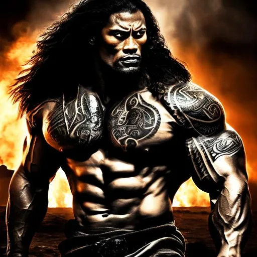 Prompt: Muscular, handsome Tongan warrior that looks similar to the rock with long hair and with tattoos, cinematic realism, movie poster, unreal engine, detailed, professionally illustrated, dark black smoke background, larger than life, intense gaze, high-quality rendering, hyper-realistic, detailed tattoos, professional illustration, dramatic lighting, powerful presence, dreamy colors, hypnotic colors