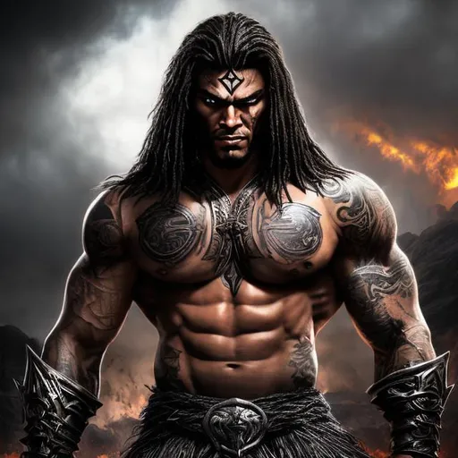 Prompt: Muscular, handsome Tongan warrior that looks similar to marrion jones with tattoos, cinematic realism, movie poster, unreal engine, detailed, professionally illustrated, dark black smoke background, larger than life, intense gaze, high-quality rendering, hyper-realistic, detailed tattoos, professional illustration, dramatic lighting, powerful presence, dreamy colors, hypnotic colors