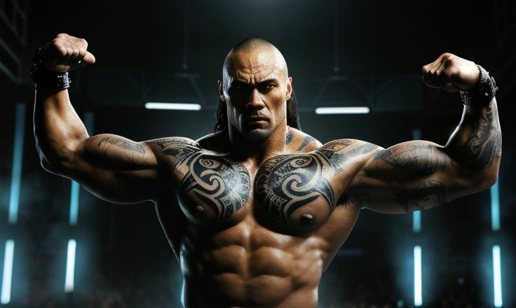 Prompt: Muscular, handsome Tongan jedi that looks similar to the wwf the rock and with tattoos, cinematic realism, movie poster, unreal engine, detailed, professionally comic illustrated, dark black smoke background, larger than life, intense gaze, high-quality rendering, hyper-realistic, detailed tattoos, professional illustration, dramatic lighting, powerful presence, dreamy colors, hypnotic colors by Jim lee