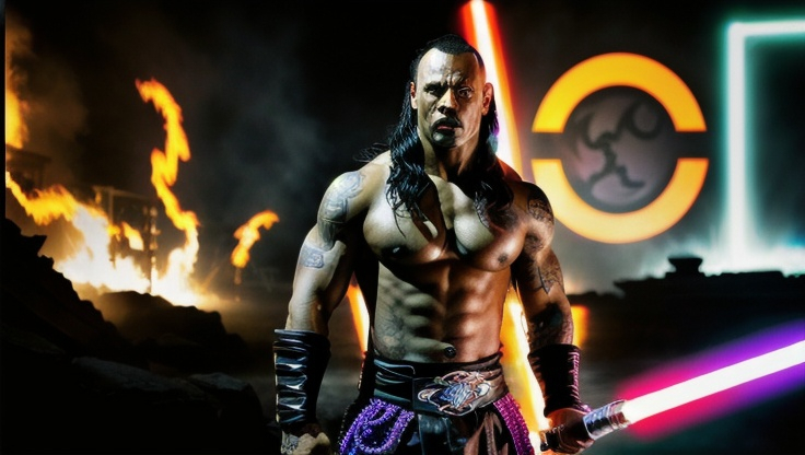 Prompt: Muscular, handsome Tongan jedi with light saber that looks similar to the wwf the rock and with tattoos, cinematic realism, movie poster, unreal engine, detailed, professionally comic illustrated, dark black smoke background, larger than life, intense gaze, high-quality rendering, hyper-realistic, detailed tattoos, professional illustration, dramatic lighting, powerful presence, dreamy colors, hypnotic colors by Jim lee