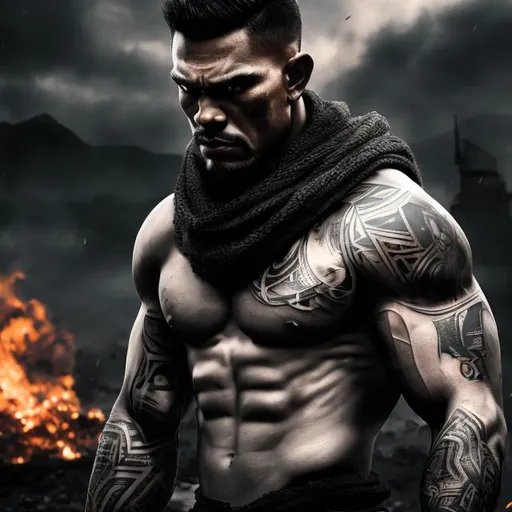 Prompt: Muscular, handsome Tongan warrior with tattoos, cinematic realism, movie poster, unreal engine, detailed, professionally illustrated, dark black smoke background, larger than life, intense gaze, high-quality rendering, hyper-realistic, detailed tattoos, professional illustration, dramatic lighting, powerful presence