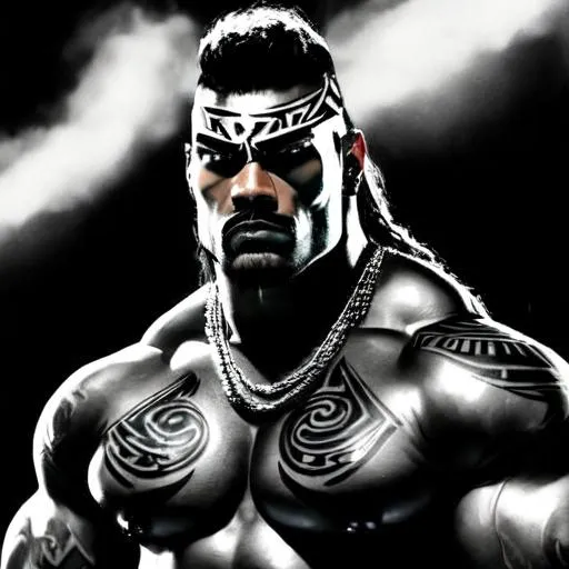 Prompt: Muscular, handsome Tongan warrior that looks similar to the wwf the rock and with tattoos, cinematic realism, movie poster, unreal engine, detailed, professionally comic illustrated, dark black smoke background, larger than life, intense gaze, high-quality rendering, hyper-realistic, detailed tattoos, professional illustration, dramatic lighting, powerful presence, dreamy colors, hypnotic colors by Jim lee