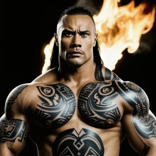 Prompt: Muscular, handsome Tongan warrior that looks similar to the wwf the rock and with tattoos, cinematic realism, movie poster, unreal engine, detailed, professionally comic illustrated, dark black smoke background, larger than life, intense gaze, high-quality rendering, hyper-realistic, detailed tattoos, professional illustration, dramatic lighting, powerful presence, dreamy colors, hypnotic colors by Jim lee