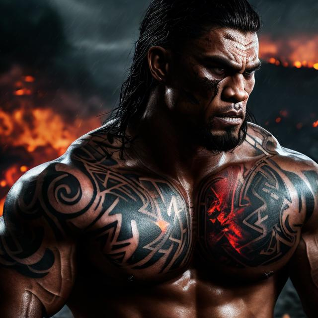 Prompt: Muscular, handsome Tongan warrior with tattoos, cinematic realism, movie poster, unreal engine, detailed, professionally illustrated, dark black smoke background, larger than life, intense gaze, high-quality rendering, hyper-realistic, detailed pollynesian tattoos, professional illustration, dramatic lighting, powerful presence, hypnotic colors ,movie poster style.