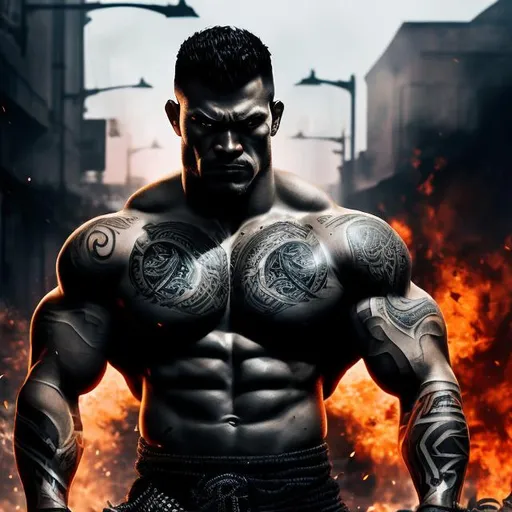 Prompt: Muscular, handsome Tongan warrior with tattoos, cinematic realism, movie poster, unreal engine, detailed, professionally illustrated, dark black smoke background, larger than life, intense gaze, high-quality rendering, hyper-realistic, detailed tattoos, professional illustration, dramatic lighting, powerful presence