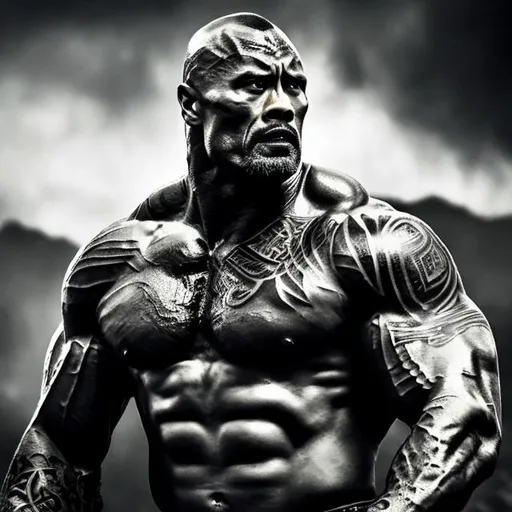 Prompt: Muscular, handsome Tongan warrior that looks similar to the rock with tattoos, cinematic realism, movie poster, unreal engine, detailed, professionally illustrated, dark black smoke background, larger than life, intense gaze, high-quality rendering, hyper-realistic, detailed pollynesian tattoos, professional illustration, dramatic lighting, powerful presence, hypnotic colors ,movie poster style.