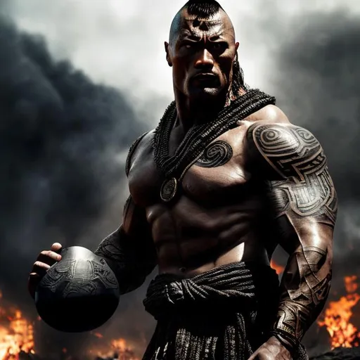 Prompt: Muscular, handsome Tongan warrior that looks similar to the rock .tattoos covering arms and chest.Cinematic, realism, movie poster, unreal engine, very detailed, professionally illustrated.Dark black smoke background. 