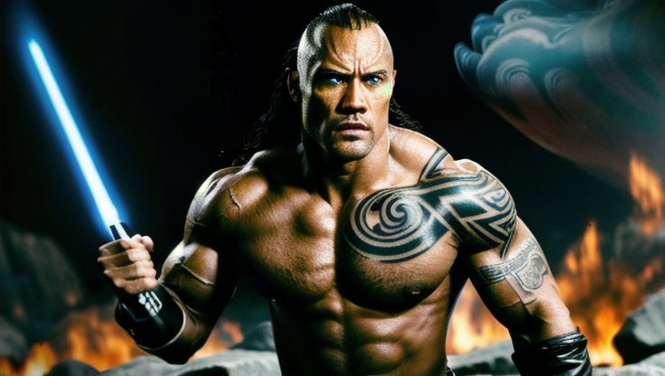 Prompt: Muscular, handsome Tongan jedi that looks similar to the wwf the rock and with tattoos, cinematic realism, movie poster, unreal engine, detailed, professionally comic illustrated, dark black smoke background, larger than life, intense gaze, high-quality rendering, hyper-realistic, detailed tattoos, professional illustration, dramatic lighting, powerful presence, dreamy colors, hypnotic colors by Jim lee