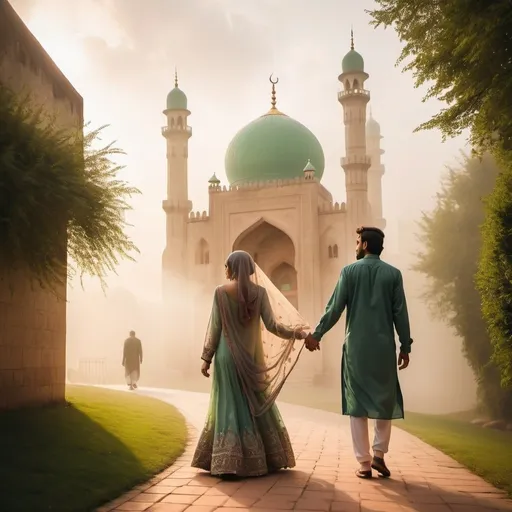 Prompt: Pakistani couple walking towards a mosque/castle, ethereal streaming light and mist, whimsical setting, high quality, dreamy, fantasy, misty atmosphere, traditional clothing, intricate architecture, romantic ambiance, vibrant colors, soft natural light, mystical, detailed surroundings, traditional, magical, elegant, enchanting, atmospheric lighting