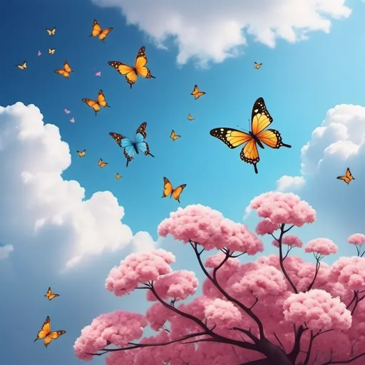 Prompt: write a cover photo of sky with flower biiirds treee butterfly