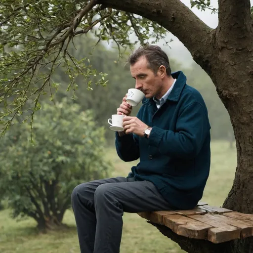 Prompt: a man sitting on the table on a tree while drinking a cup of tea