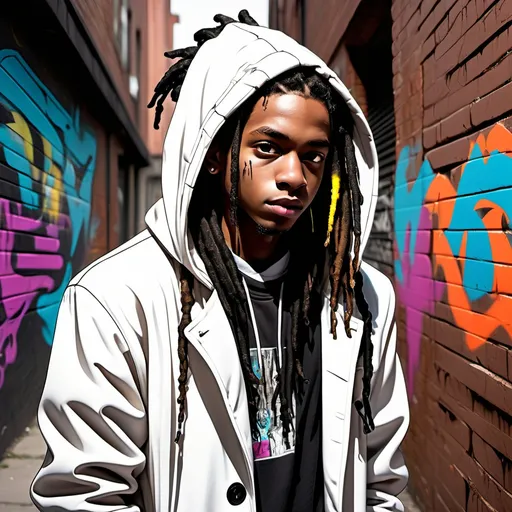 Prompt: (Sketch of a teenager), wearing a stylish (white coat) with a (black lined hood), showcasing (cool dreads). The expression captures youthful confidence, standing in a lively urban setting. (Vibrant colors) enhance the dynamic feel, while (detailed textures) create depth. The background features graffiti art on brick walls, evoking a (street culture vibe). (Ultra-detailed) and (HD quality) ensure a striking visual impact.