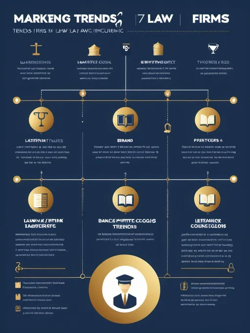 Prompt: "Create a visually appealing infographic for '7 Marketing Trends for Law Firms.' Use icons for: 1. AI, 2. Short Videos, 3. Brand Values, 4. Influencers, 5. SEO, 6. Privacy, 7. Omnichannel. Incorporate legal elements like scales or books. Professional colors: dark blue and gold."