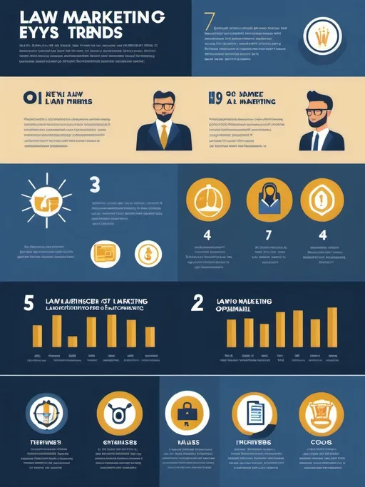 Prompt: Create an eye-catching infographic highlighting '7 Key Marketing Trends for Law Firms.' Include icons or illustrations for each trend: 1. AI in Marketing, 2. Short Videos, 3. Brand Values, 4. Influencers, 5. SEO Optimization, 6. Privacy, and 7. Omnichannel Marketing. Use a professional color scheme with a legal theme (like dark blue, gold, or gray) and incorporate elements like scales of justice or law books. Make it visually appealing and easy to read