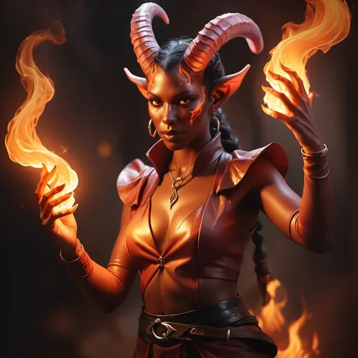 Prompt: hyper-realistic Tiefling character with fire hands, fantasy character art, illustration, dnd, warm tone