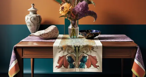 Prompt: a table with a cloth and a vase on it with a sign on it that says etro on it, Christian Hilfgott Brand, maximalism, complementing colors, a still life