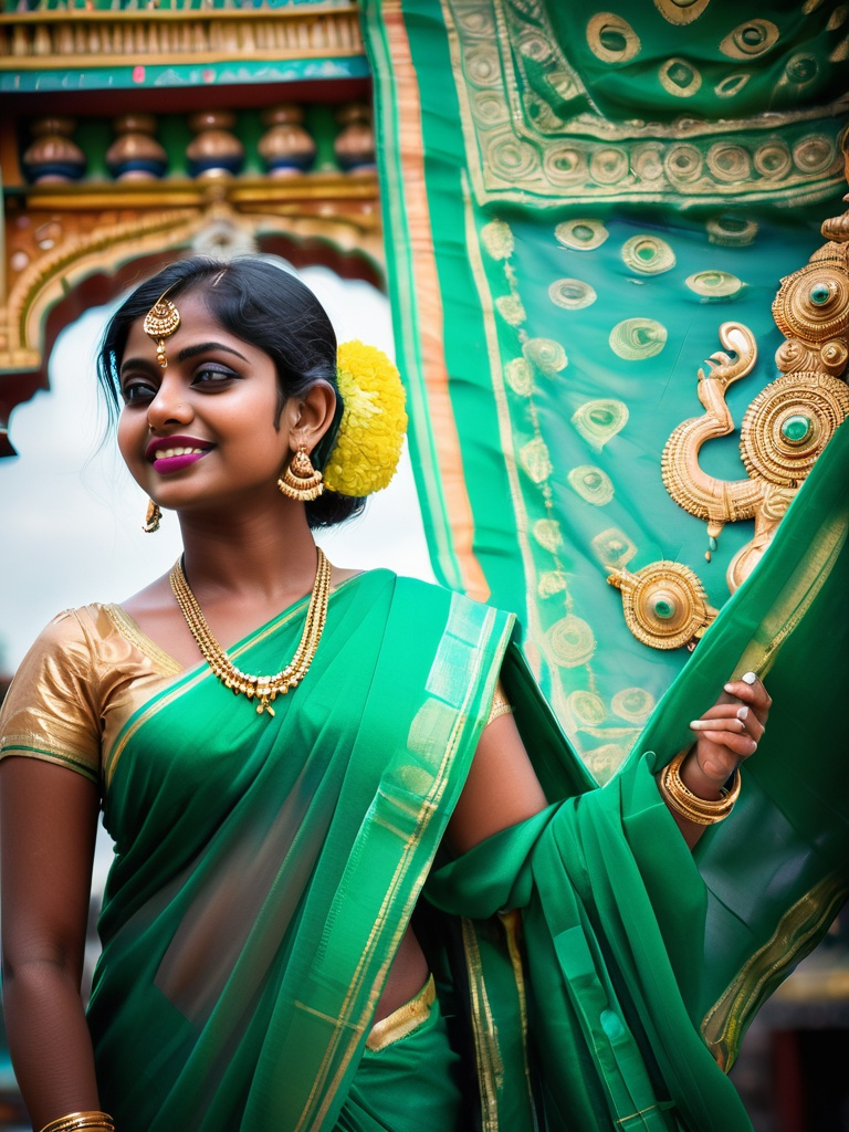 Prompt: A fashionable young woman, elegantly dressed in a stunning emerald green saree, poses playfully in front of the majestic Meenakshi Amman Temple.