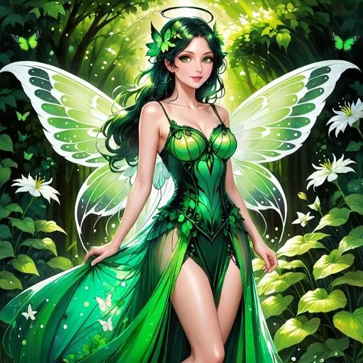 Prompt: Adult anime faerie, gossamer wings, bright green eyes, in a sheer gown, in a magical garden