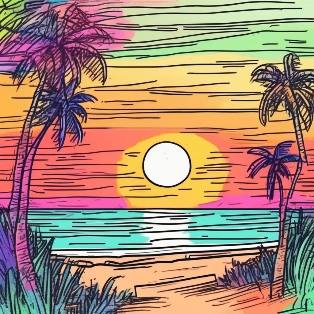 Prompt: Ugly colorful childish Crayon flat drawing of a bright sunset on a tropical beach