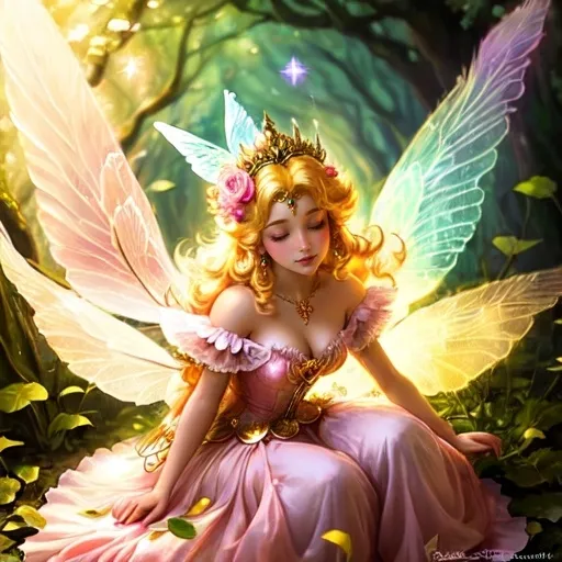 Prompt: Princess Peach (enchanting character), surrounded by vibrant pixies and ethereal faeries, magical forest, filled with glowing flora, whimsical atmosphere, pastel colors, warm golden sunlight filtering through leaves, enchanting aura, intricate wings, delicate flowers scattered around, serene expressions, HD quality, fantasy art style, playful energy, captivating storytelling.