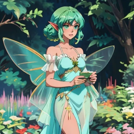 Prompt: Adult anime faerie, gossamer wings, bright green eyes, in a sheer gown, in a magical garden