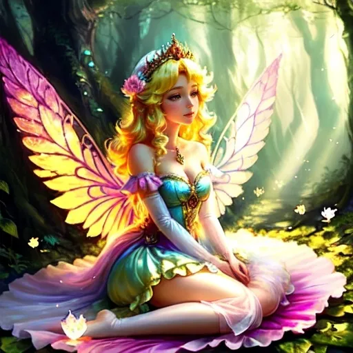 Prompt: Princess Peach (enchanting character), surrounded by vibrant pixies and ethereal faeries, magical forest, filled with glowing flora, whimsical atmosphere, pastel colors, warm golden sunlight filtering through leaves, enchanting aura, intricate wings, delicate flowers scattered around, serene expressions, HD quality, fantasy art style, playful energy, captivating storytelling.