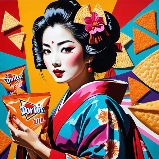 Prompt: Pop art painting of a geisha (bold and vibrant), indulging in a bag of Doritos, set at a nostalgic drive-in movie theater (retro vibes), colorful giant screens showing iconic films, exuberant colors bursting, intense lighting contrast, dynamic composition, engaging expressions, rich in patterns and texture, high-quality and ultra-detailed, capturing the playful essence of pop culture.