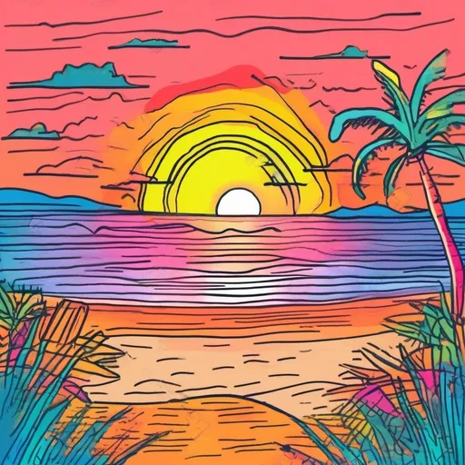 Prompt: Ugly colorful childish Crayon flat drawing of a bright sunset on a tropical beach