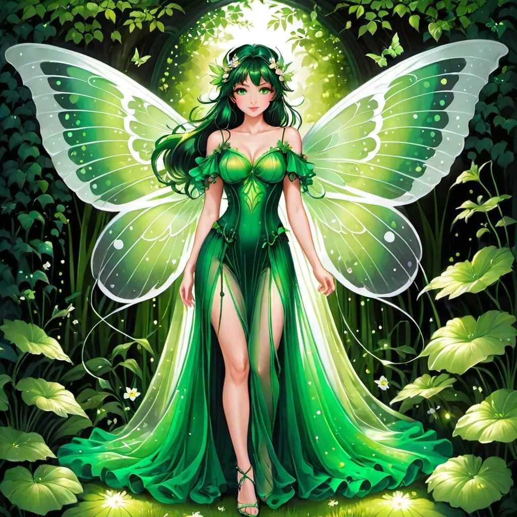 Prompt: Adult anime faerie, gossamer wings, bright green eyes, in a sheer gown, in a magical garden