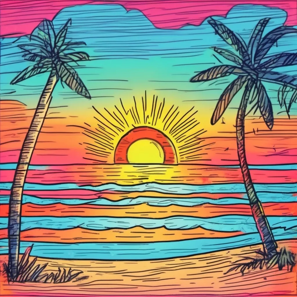 Prompt: Ugly colorful childish Crayon flat drawing of a bright sunset on a tropical beach