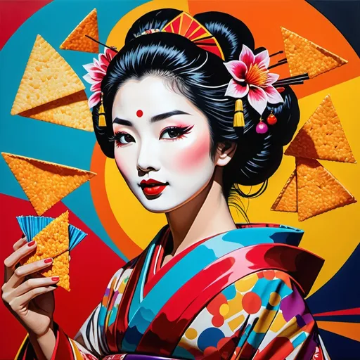 Prompt: Pop art painting of a geisha (bold and vibrant), indulging in a bag of Doritos, set at a nostalgic drive-in movie theater (retro vibes), colorful giant screens showing iconic films, exuberant colors bursting, intense lighting contrast, dynamic composition, engaging expressions, rich in patterns and texture, high-quality and ultra-detailed, capturing the playful essence of pop culture.